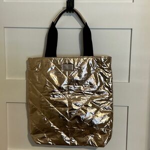 PINK Victoria's Secret Shiny Gold Quilted  Tote with Black Straps